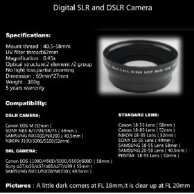 Digital video conversion lenses 58-67 0.45X Wide Converter Lens
